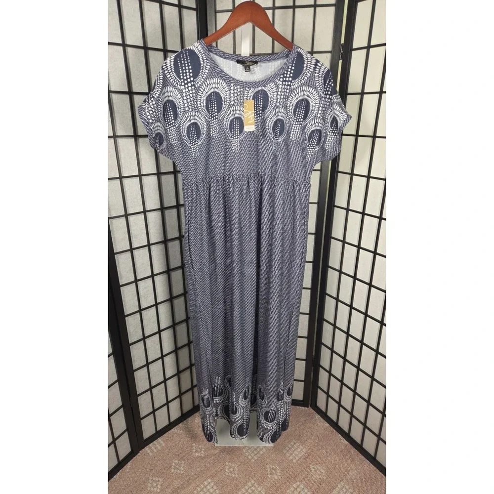 Suzanne Betro Navy & White Print Maxi Dress sz L NWT